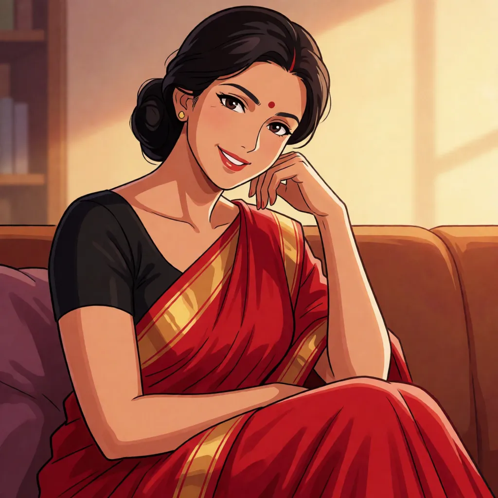 hentai anime art, a middle aged woman of indian descent with long dark hair tied in a bun in a red saree with a black blouse with a sexy voluptuous body and huge breasts sitting on the couch smiling and blushing looking at the camera., clean lineart, smooth cel shading, glossy highlights, saturated warm colour, drawn illustration, strikingly beautiful, radiant complexion, early twenties