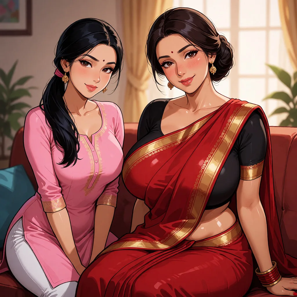 hentai anime art, a middle aged indian woman of with long dark hair tied in a bun in a red saree with a black blouse with a sexy voluptuous body and huge breasts sitting on the couch smiling and blushing looking at the camera. Left to her sits a slender sexy indian woman with long black hair tied in a pony tail wearing a pink kurti., clean lineart, smooth cel shading, glossy highlights, saturated warm colour, drawn illustration, strikingly beautiful, radiant complexion, early twenties