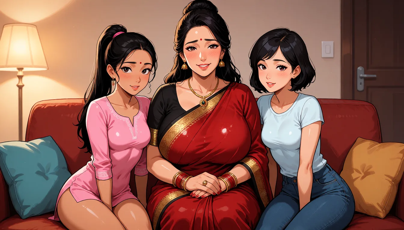 hentai anime art, a middle aged indian woman of with long dark hair tied in a bun in a red saree with a black blouse with a sexy voluptuous body and huge breasts sitting on the couch smiling and blushing looking at the camera. Left to her sits a slender sexy short indian woman with small breasts  and with long black hair tied in a pony tail wearing a pink kurti. Right to her sits a slender sexy short indian woman with small breasts and with short black hair wearing a t-shirt and jeans., clean lineart, smooth cel shading, glossy highlights, saturated warm colour, drawn illustration, strikingly beautiful, radiant complexion, early twenties