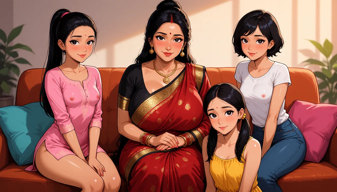 hentai anime art, a middle aged indian woman of with long dark hair tied in a bun in a red saree with a black blouse with a sexy voluptuous body and huge breasts sitting on the couch smiling and blushing looking at the camera. Left to her sits a slender sexy short indian woman with small breasts and with long black hair tied in a pony tail wearing a pink kurti. Right to her sits a slender sexy short indian woman with small breasts and with short black hair wearing a t-shirt and jeans. Below them sits a slender sexy short indian woman with small breasts and with long black hair in ponytails wearing a yellow frock., clean lineart, smooth cel shading, glossy highlights, saturated warm colour, drawn illustration, strikingly beautiful, radiant complexion, early twenties