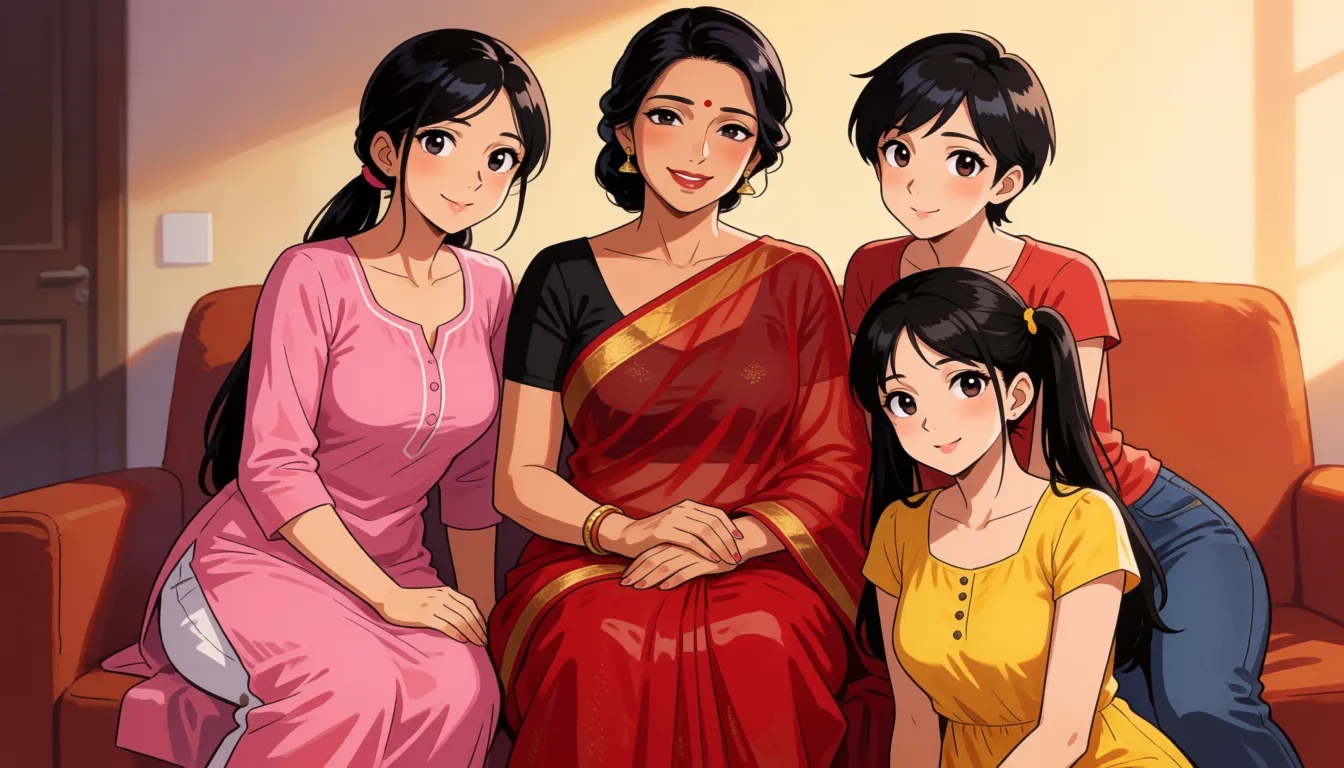 hentai anime art, a middle aged indian woman of with long dark hair tied in a bun in a red transparent saree with a black blouse with a sexy voluptuous body and huge breasts sitting on the couch smiling and blushing looking at the camera. Left to her sits a slender sexy short indian woman with small breasts and with long black hair tied in a pony tail wearing a pink kurti. Right to her sits a slender sexy short indian woman with small breasts and with short black hair wearing a t-shirt and jeans. Below them sits a slender sexy short indian woman with small breasts and with long black hair in ponytails wearing a yellow frock., clean lineart, smooth cel shading, glossy highlights, saturated warm colour, drawn illustration, strikingly beautiful, radiant complexion, early twenties