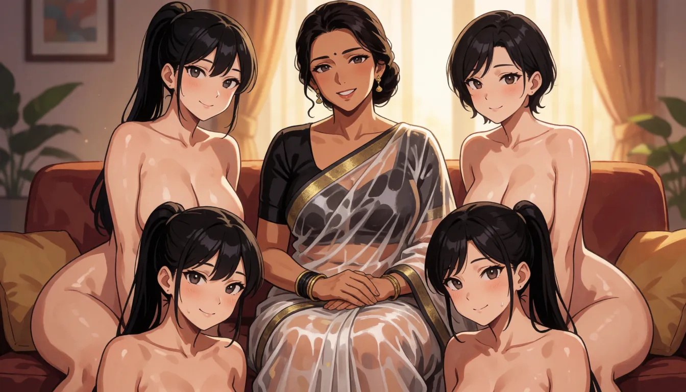 hentai anime art, a middle aged indian woman of with long dark hair tied in a bun naked with a black blouse and a transparent saree with a sexy voluptuous body and huge breasts sitting on the couch smiling and blushing looking at the camera. Left to her sits a slender sexy short indian woman with small breasts and with long black hair tied in a pony tail naked. Right to her sits a slender sexy short indian woman with small breasts and with short black hair naked. Below them sits a slender sexy short indian woman with small breasts and with long black hair in ponytails naked., clean lineart, smooth cel shading, glossy highlights, saturated warm colour, drawn illustration, strikingly beautiful, radiant complexion, early twenties