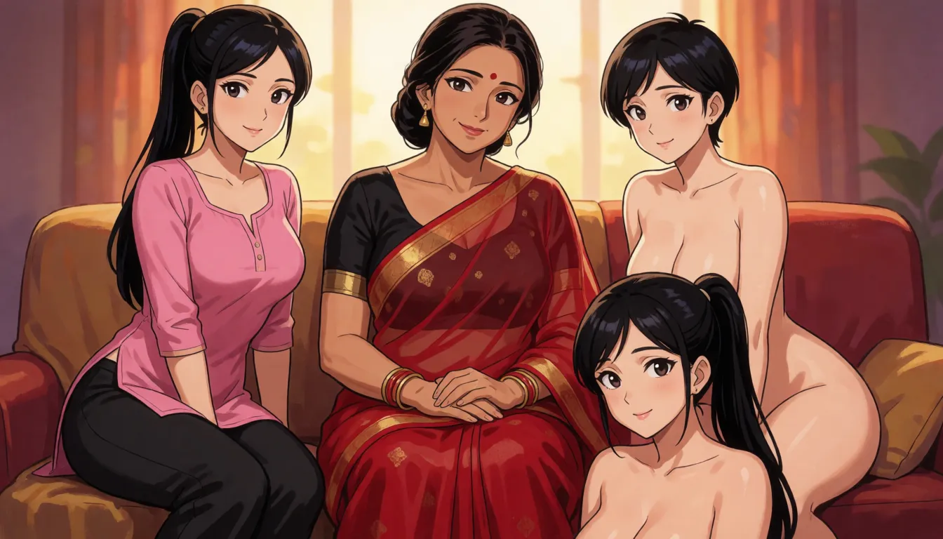 hentai anime art, a middle aged indian woman of with long dark hair tied in a bun naked with a black blouse and a transparent red saree with a sexy voluptuous body and huge breasts sitting on the couch smiling and blushing looking at the camera. Left to her sits a slender sexy short indian woman in black pants and a pink kurti half pulled down revealing her black bra with small breasts and with long black hair tied in a pony tail naked. Right to her sits a slender sexy short indian woman with small breasts and with short black hair naked. Below them sits a slender sexy short indian woman with small breasts and with long black hair in ponytails naked., clean lineart, smooth cel shading, glossy highlights, saturated warm colour, drawn illustration, strikingly beautiful, radiant complexion, early twenties
