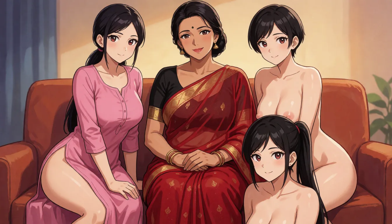 hentai anime art, a middle aged indian woman of with long dark hair tied in a bun naked with a black blouse and a transparent red saree with a sexy voluptuous body and huge breasts sitting on the couch smiling and blushing looking at the camera. Left to her sits a slender sexy short indian woman in a long pink kurti half pulled down revealing her bra with small breasts and with long black hair tied in a pony tail naked. Right to her sits a slender sexy short indian woman with small breasts and with short black hair naked. Below them sits a slender sexy short indian woman with small breasts and with long black hair in ponytails naked., clean lineart, smooth cel shading, glossy highlights, saturated warm colour, drawn illustration, strikingly beautiful, radiant complexion, early twenties