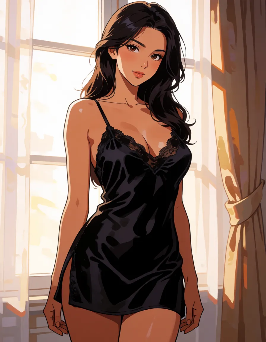 hentai anime art, a woman with long dark hair in a black silk slip, soft window light, shot on film, full_body, clean lineart, smooth cel shading, glossy highlights, saturated warm colour, drawn illustration, strikingly beautiful, radiant complexion, early twenties