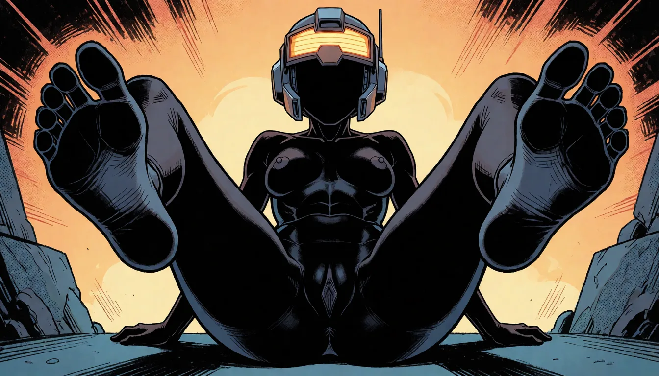 comic book art, no eyes, female helldiver, robot, nipples, athletic, slim, breasts, (fully nude:1.2), female, no mouth, no nose, no irirs, no hair, wearing a helldiver helmet, (panel lines), foot focus, black body. black skin, flat colors. rimlights. full body, pussy, abs, feet up. soles, five toes, legs spread, masterpiece,, bold black ink outlines, halftone dot shading, cross hatched shadows, flat four colour print palette, hard high contrast comic inking, printed comic page, strikingly beautiful, radiant complexion, early twenties