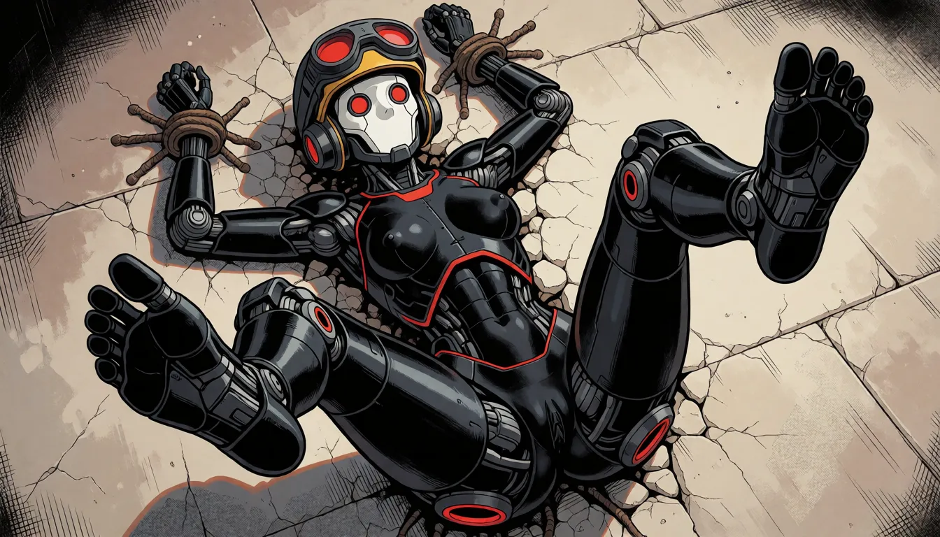 comic book art, Helldivers 2 propaganda poster, no eyes, female robot, mechanical body, mechanical limbs, black nipples, folded, mechanical bondage, stuck in a wall, red rimlights, athletic, slim, breasts, (fully nude:1.2), female, white faceplate, mechanical skull faceplate. red eyes.. no nose, no irirs, no hair, wearing a helldiver helmet, (panel lines), bound wrists, foot focus, black body. black skin, creative angle, feet behind head, from above, very detailed, rimlights. stuck through the wall, pussy, abs, feet up. soles, five toes, legs spread,, bold black ink outlines, halftone dot shading, cross hatched shadows, flat four colour print palette, hard high contrast comic inking, printed comic page, strikingly beautiful, radiant complexion, early twenties