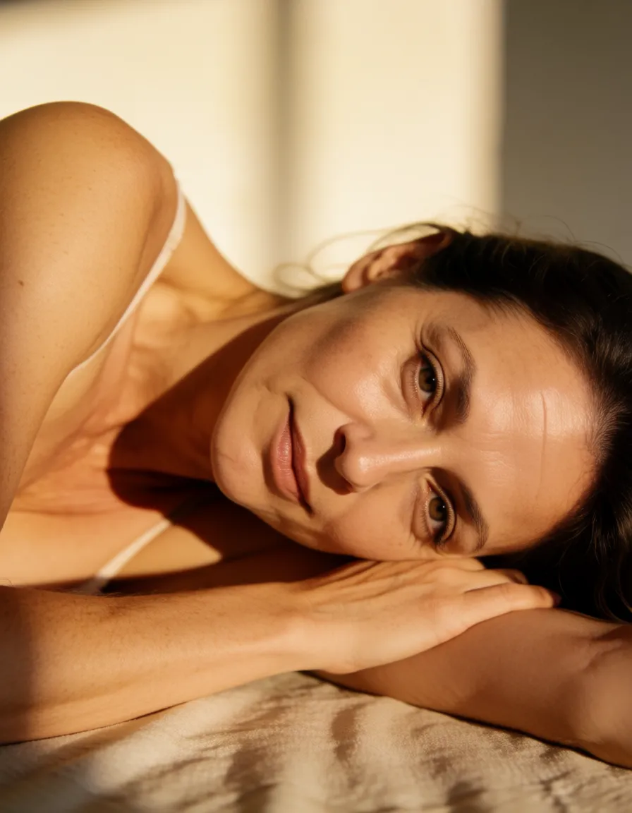 a photograph, mature woman lying on side and shows hairy pussy, warm golden afternoon daylight, soft natural shadows, warm amber tones, gentle contrast, fine film grain, smooth clear skin, strikingly beautiful, radiant complexion, early twenties