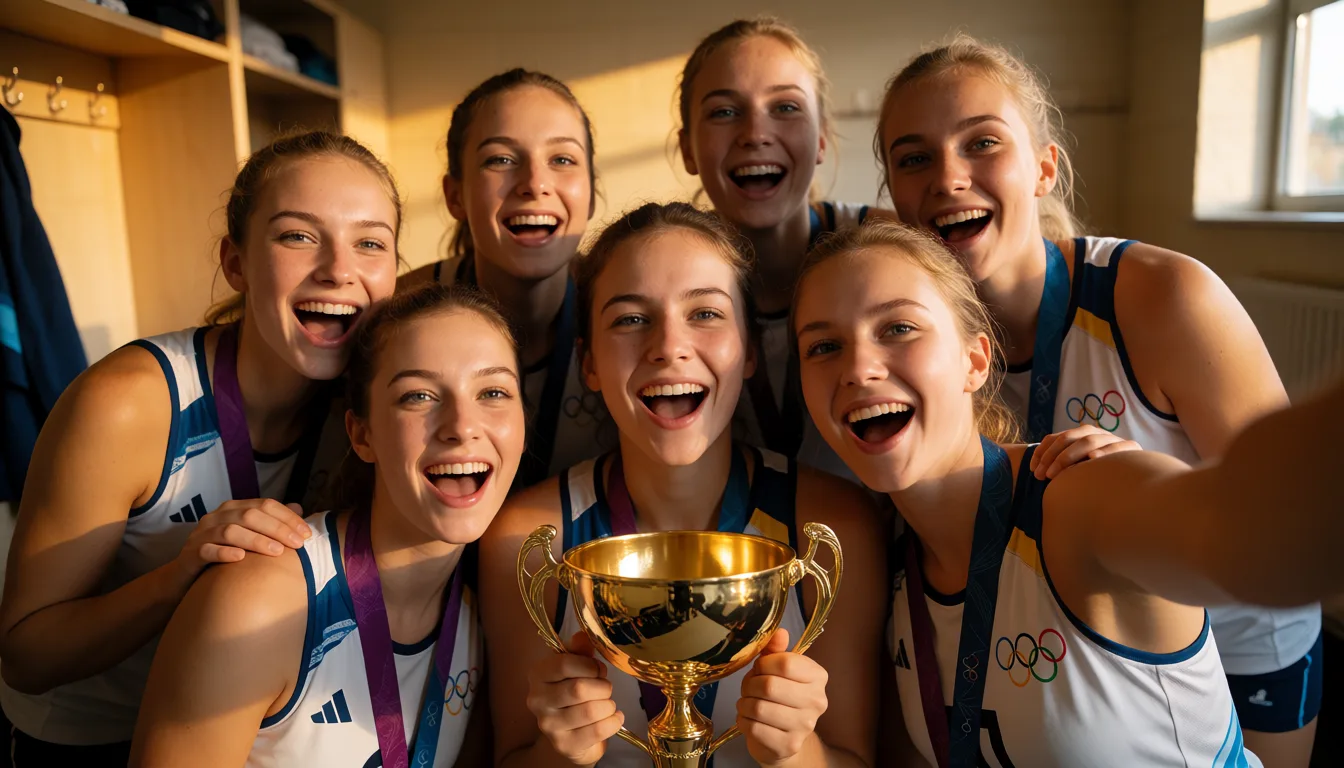 a photograph, Female only volleyball team, posing naked with a championship trophy in the locker room. wearing olympic medals. Taking a group selfie, Hyper realistic amateur shot, low light, They are extremely excited and happy. face focus., warm golden afternoon daylight, soft natural shadows, warm amber tones, gentle contrast, fine film grain, smooth clear skin, strikingly beautiful, radiant complexion, early twenties