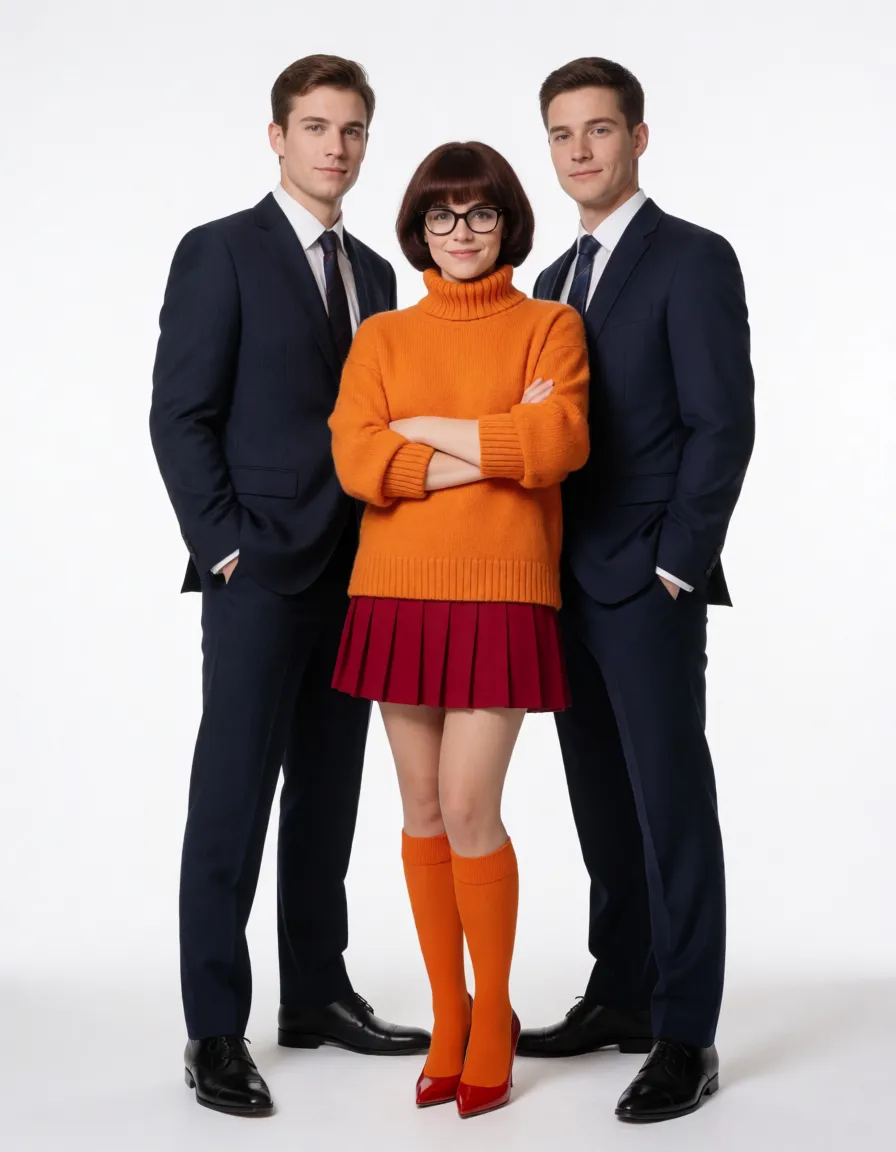a studio photograph, 1other, Velma Dinkley, Huge tits , GGG tits, Louboutin high heels, Double Penetration, DP, 2 men 1 women, even shadowless studio light, plain white background, clean rich colour, flawless polished skin, strikingly beautiful, radiant complexion, early twenties
