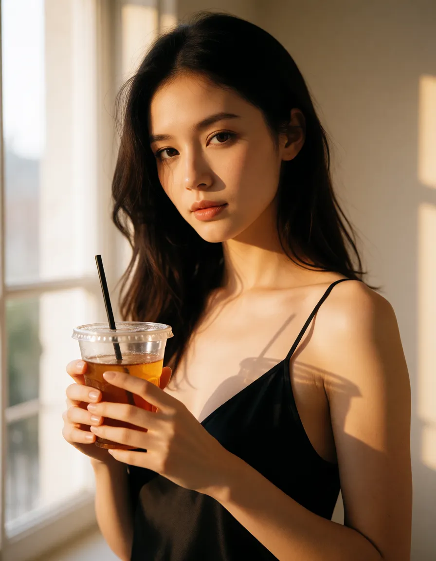 a photograph, a woman with long dark hair in a black silk slip, soft window light, drink cup of sperm, warm golden afternoon daylight, soft natural shadows, warm amber tones, gentle contrast, fine film grain, smooth clear skin, strikingly beautiful, radiant complexion, early twenties