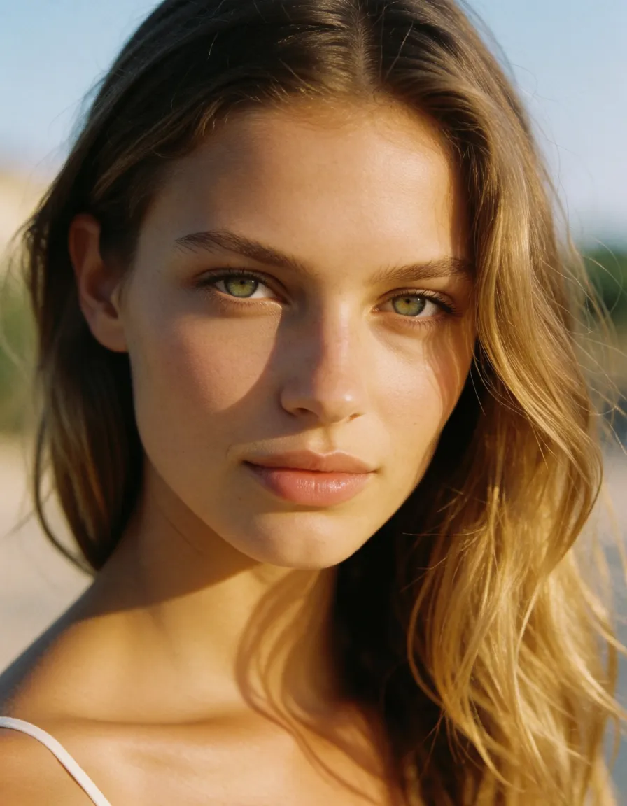 a photograph, Hot supermodel, model beauty, sexy green eyes, bald, control_panel on forehead, huge_breasts, pregnant, hypnotised, warm golden afternoon daylight, soft natural shadows, warm amber tones, gentle contrast, fine film grain, smooth clear skin, strikingly beautiful, radiant complexion, early twenties