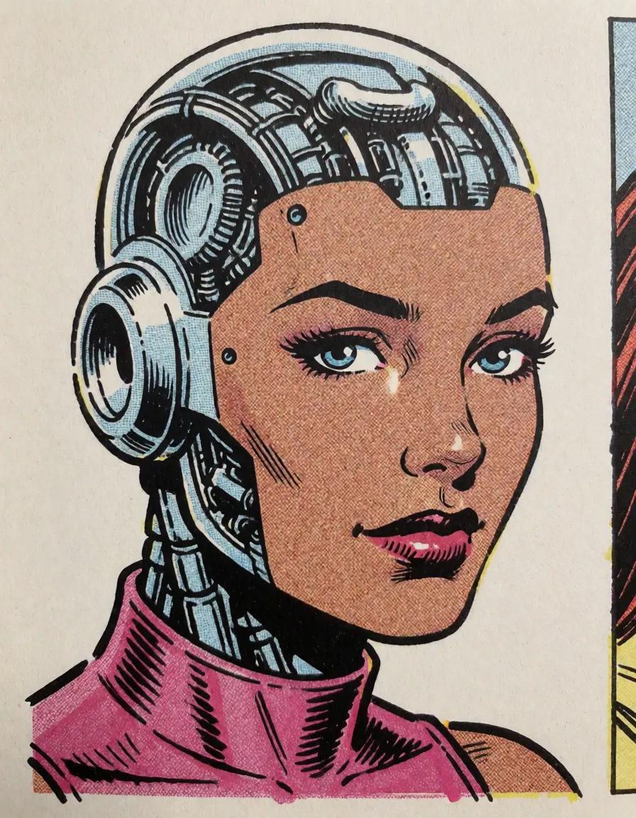 comic book art, a bald woman with a robot head sucks a penis, hypnotised large_breasts, bold black ink outlines, halftone dot shading, cross hatched shadows, flat four colour print palette, hard high contrast comic inking, printed comic page, strikingly beautiful, radiant complexion, early twenties