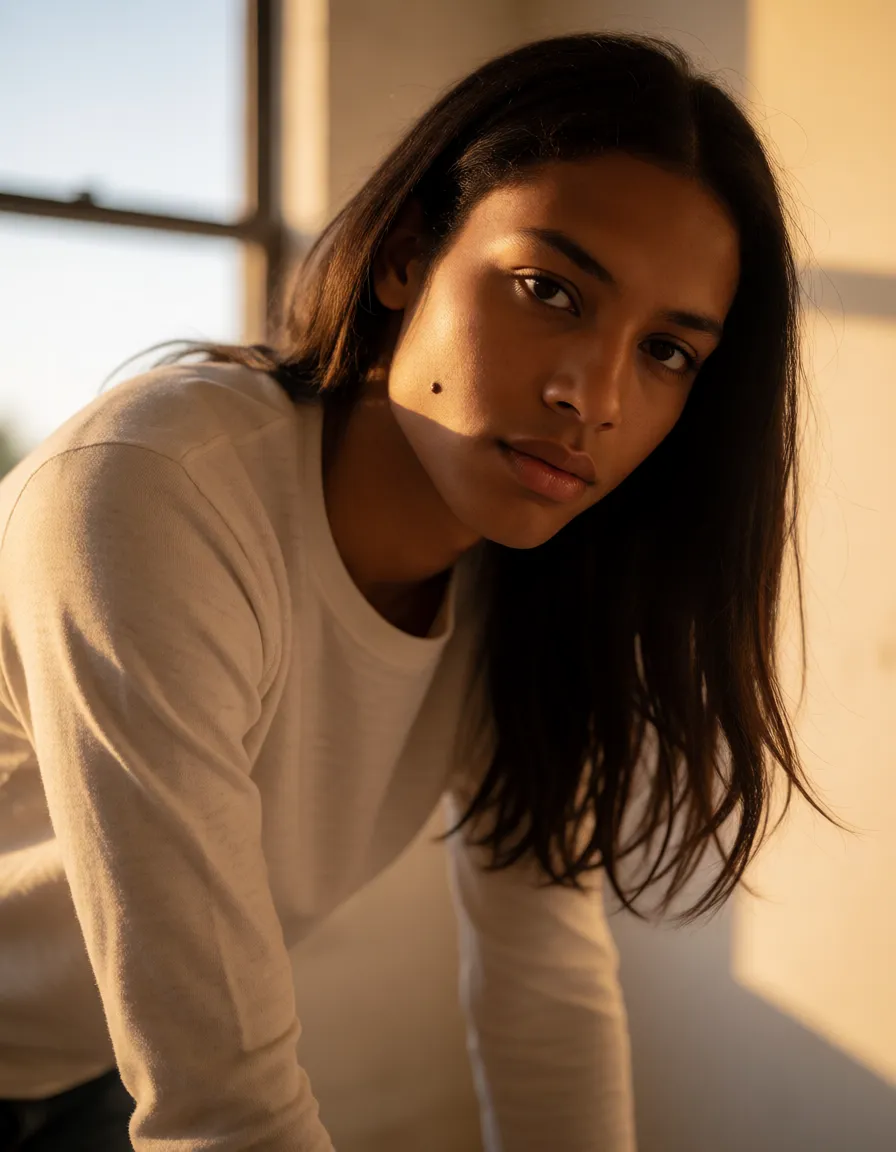 a photograph, ultra HD, lifelike, male focus, mole, long sleeves, bent over, over the shoulder, window light, studio photo, sagging breasts, brown skin, long straight hair, pussy wet, warm golden afternoon daylight, soft natural shadows, warm amber tones, gentle contrast, fine film grain, smooth clear skin, strikingly beautiful, radiant complexion, early twenties