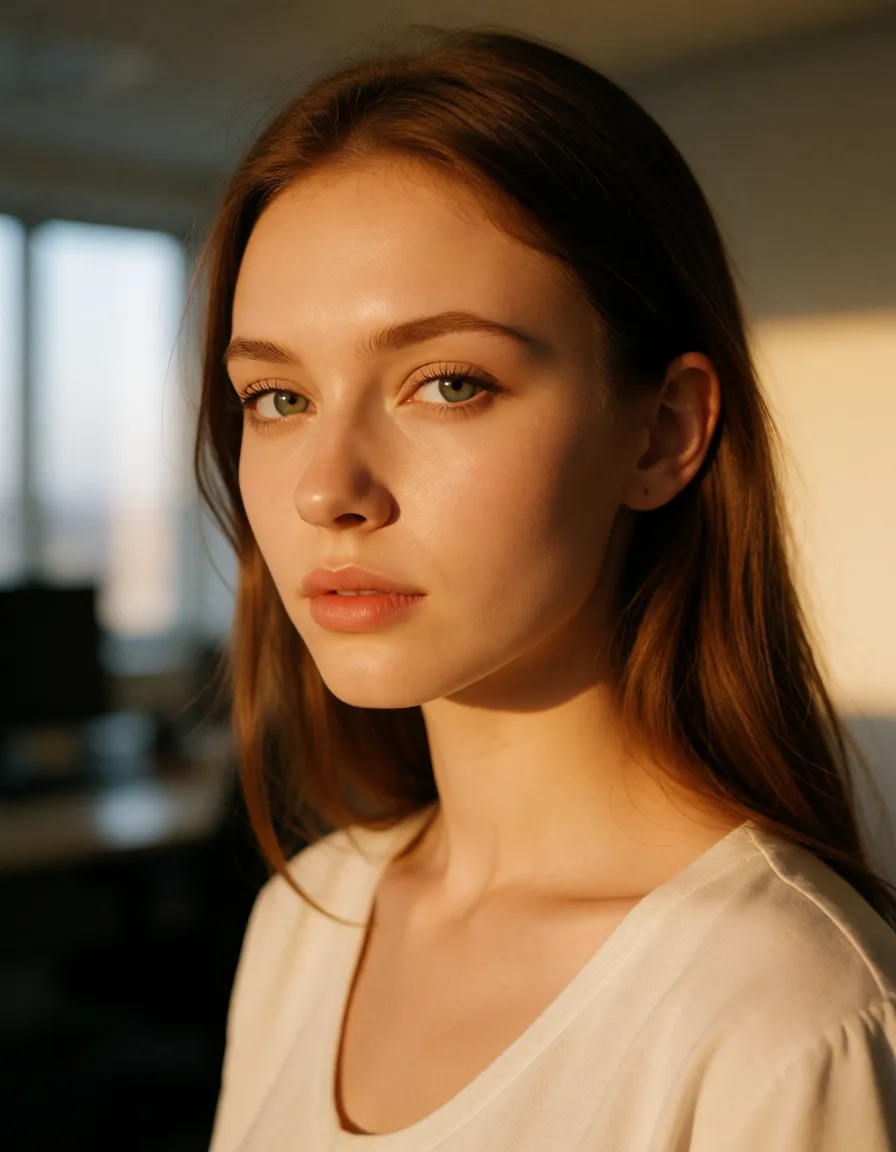 a photograph, beauty russian have gangbang in office, warm golden afternoon daylight, soft natural shadows, warm amber tones, gentle contrast, fine film grain, smooth clear skin, strikingly beautiful, radiant complexion, early twenties