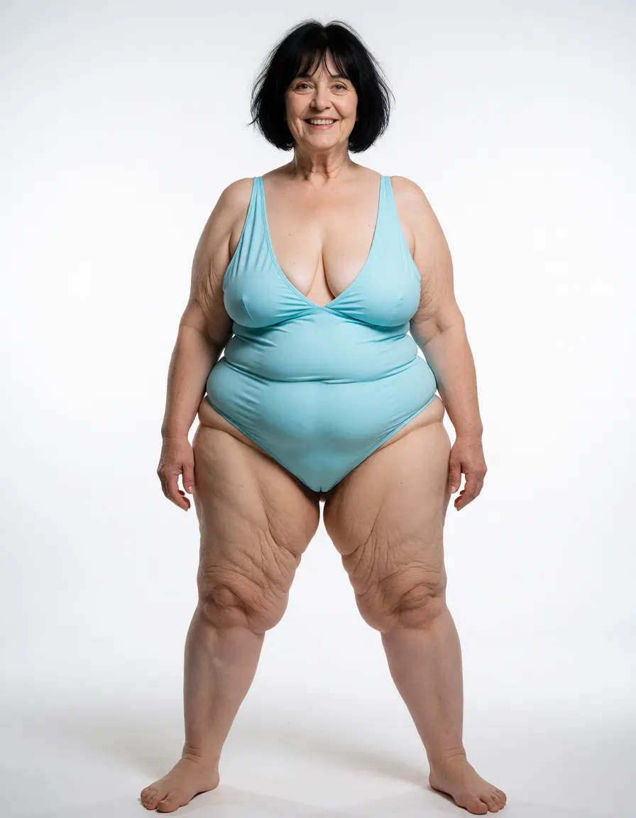 a studio photograph, 65 year old slightly chubby, extremely pale skinned ugly brown eyed grandma thin straight short black messy hair with bangs, narrow very wrinkled face, narrow very wrinkled neck, flabby loose skin on arms and legs, flabby slightly chubby mom bod, wearing a plunging light blue tight fitting one piece bathing suit, standing with her thighs slightly spread open in a backyard looking at the camera grinning. Entire head, torso, legs and feet can be seen. Her clothes are stretched tightly and highlight the wrinkled cleavage of her deflated sagging naturally sized teardrop shaped breasts, the sagging bulges of her bottom heavy muffin top flabby stomach with love handles, her very narrow hips with dips and her chubby saggy legs and knees. Her chubby thighs and knees are flabby and have cellulite., even shadowless studio light, plain white background, clean rich colour, flawless polished skin, strikingly beautiful, radiant complexion, early twenties