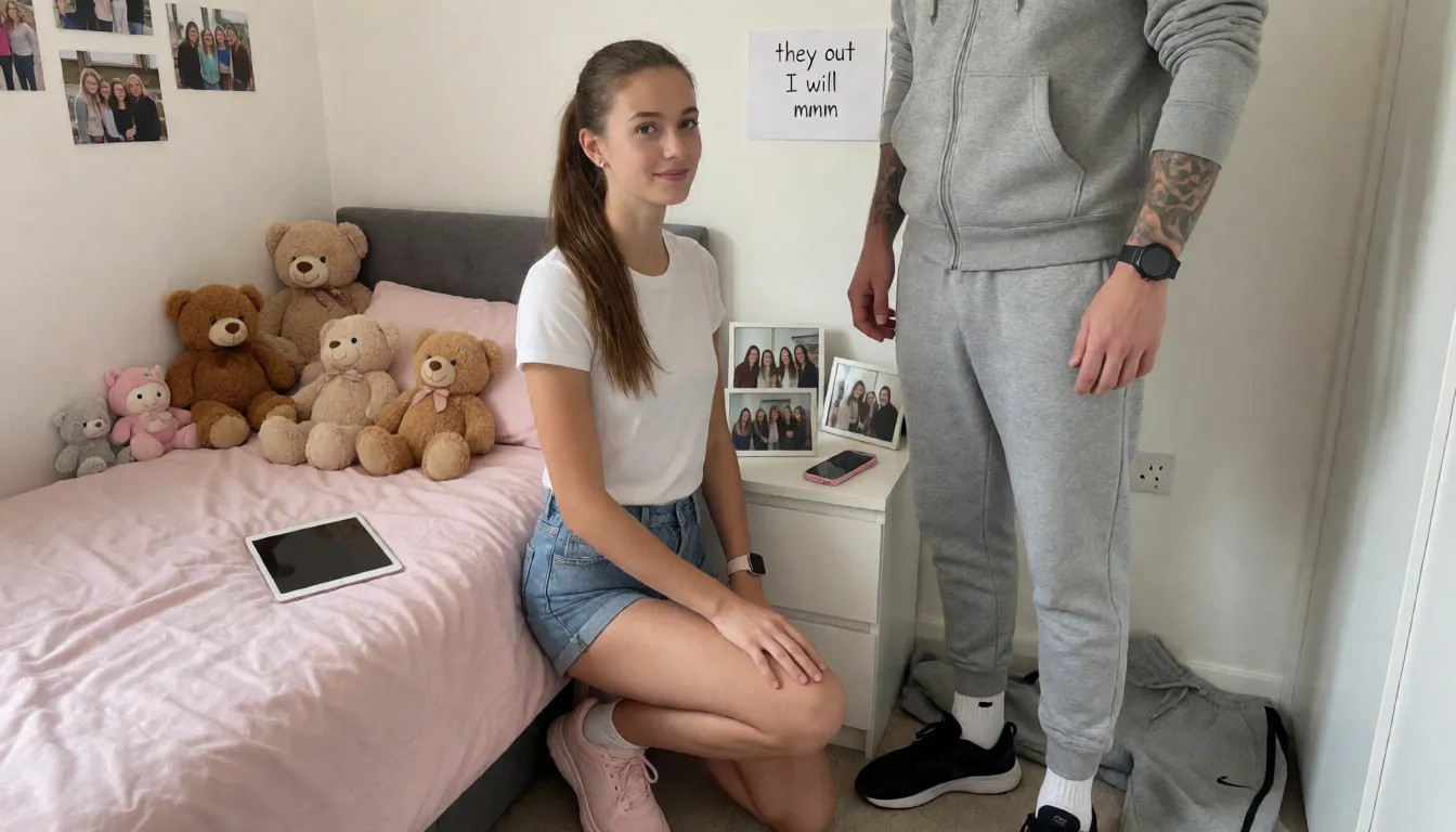 an amateur snapshot, A quite thin, tall, 18 year old woman. With long brunette hair in ponytail. Wearing white T-shirt, denim shorts, light pink trainers, white socks, pink Apple Watch, gold stud earrings, pale skin, freckles on face, spots on skin, braces on teeth, kneeling on the floor on a bedroom with single bed in bedroom. A few picture of groups on the wall, photos of friends in groups on bedside table, iPad on bed, several teddy bears and cuddly toys on pink bed. Pink mobile phone on bedside table. Standing in front of her is a tall overweight man in grey hoody, you can't see above his shoulders.,he is naked from the waist down. Grey tracksuit bottoms are scrunched up on the floor beside him. He has tattoos on his arms. Black sports watch. Black trainers and white socks. She is sucking his fat hard 9 inch cock. On the wall behind them is a clearly written note that says ' they out I will suck it mmm', plenty of natural daylight, flat even light, casual unposed snapshot, natural everyday colour, mild noise, natural unretouched skin, strikingly beautiful, radiant complexion, early twenties
