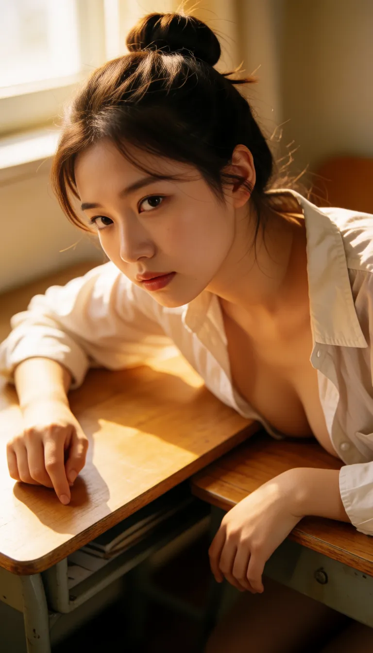 a photograph, Beautiful korean woman, bun hair, shirt opened, big tits, lay down desk, angle from above, sex, missionary, penis entered pussy, head turn side, crying, porn, warm golden afternoon daylight, soft natural shadows, warm amber tones, gentle contrast, fine film grain, smooth clear skin, strikingly beautiful, radiant complexion, early twenties