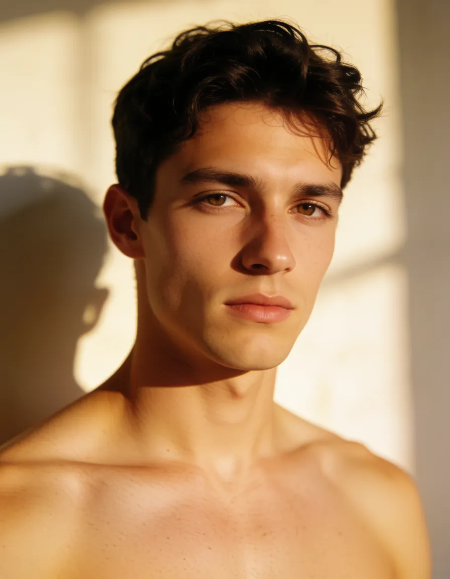 a photograph, Man, big dick, sucking dick, warm golden afternoon daylight, soft natural shadows, warm amber tones, gentle contrast, fine film grain, smooth clear skin, strikingly beautiful, radiant complexion, early twenties