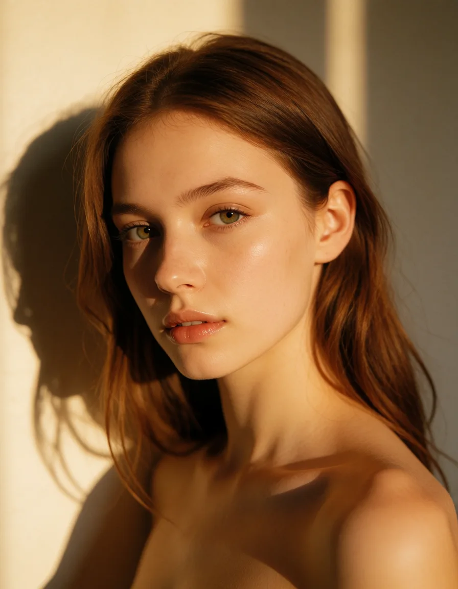 a photograph, Кремпай в Гермиону, warm golden afternoon daylight, soft natural shadows, warm amber tones, gentle contrast, fine film grain, smooth clear skin, strikingly beautiful, radiant complexion, early twenties