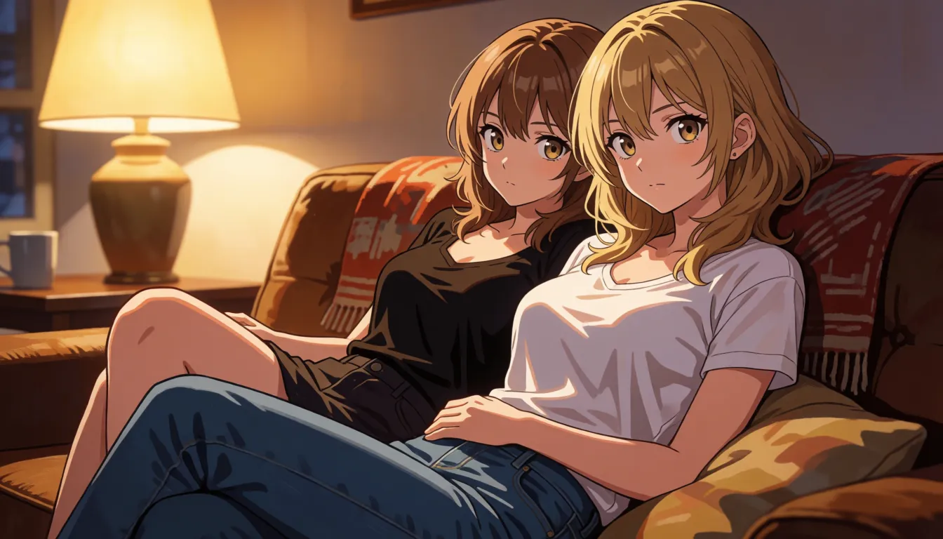 hentai anime art, «Она сверху»Обстановка:Тот же диван вечером. Свет от лампы. Он полулежит, откинувшись на спинку, руки вдоль тела. Она уже полностью раздела его — боксёры валяются на полу.Поза и действие:Она сидит верхом, широко раздвинув ноги. Футболка всё ещё на ней, но задрана до самых ключиц, маленькая грудь полностью открыта. Круглые очки чуть сползли на нос, зелёные глаза смотрят вниз на него с явным доминированием и лёгкой усмешкой.Одной рукой она упирается ему в грудь (пальцы слегка вдавлены в мягкую плоть), другой — держит его за основание члена и медленно опускается на него. Движения контролируемые, глубокие. Она сама задаёт ритм: то почти полностью поднимается, то резко садится до конца.Его wolf cut растрёпан, карие глаза полуприкрыты от удовольствия. Он пытается поднять руки, чтобы обхватить её бёдра, но она мягко, но уверенно прижимает его запястья обратно к дивану. Лёгкий лишний вес на животе слегка поднимается и опускается вместе с дыханием.Ключевые акценты:Контраст: её тонкая фигура и небольшая грудь против его более крупного, мягкого тела.Как её светло-русый wolf cut падает вперёд и щекочет его грудь, когда она наклоняется.Блики на круглых очках, когда она смотрит прямо на него.Влажный звук и блеск между ними.Выражение её лица: уверенное, слегка хищное, с приоткрытым ртом.Кульминация:Она ускоряется, обеими руками упираясь ему в грудь. В какой-то момент наклоняется совсем низко, почти касаясь губами его губ, но не целуя — просто дышит ему в рот и шепчет что-то грязное. Он кончает первым, а она продолжает двигаться ещё несколько секунд, глядя ему в глаза поверх очков., clean lineart, smooth cel shading, glossy highlights, saturated warm colour, drawn illustration, strikingly beautiful, radiant complexion, early twenties