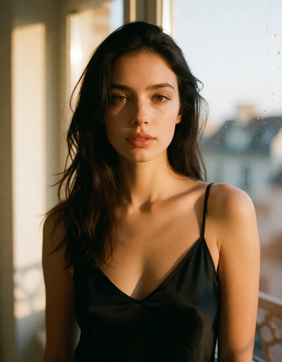 a photograph, a woman with long dark hair in a black silk slip, soft window light, shot on film, warm golden afternoon daylight, soft natural shadows, warm amber tones, gentle contrast, fine film grain, smooth clear skin, strikingly beautiful, radiant complexion, early twenties