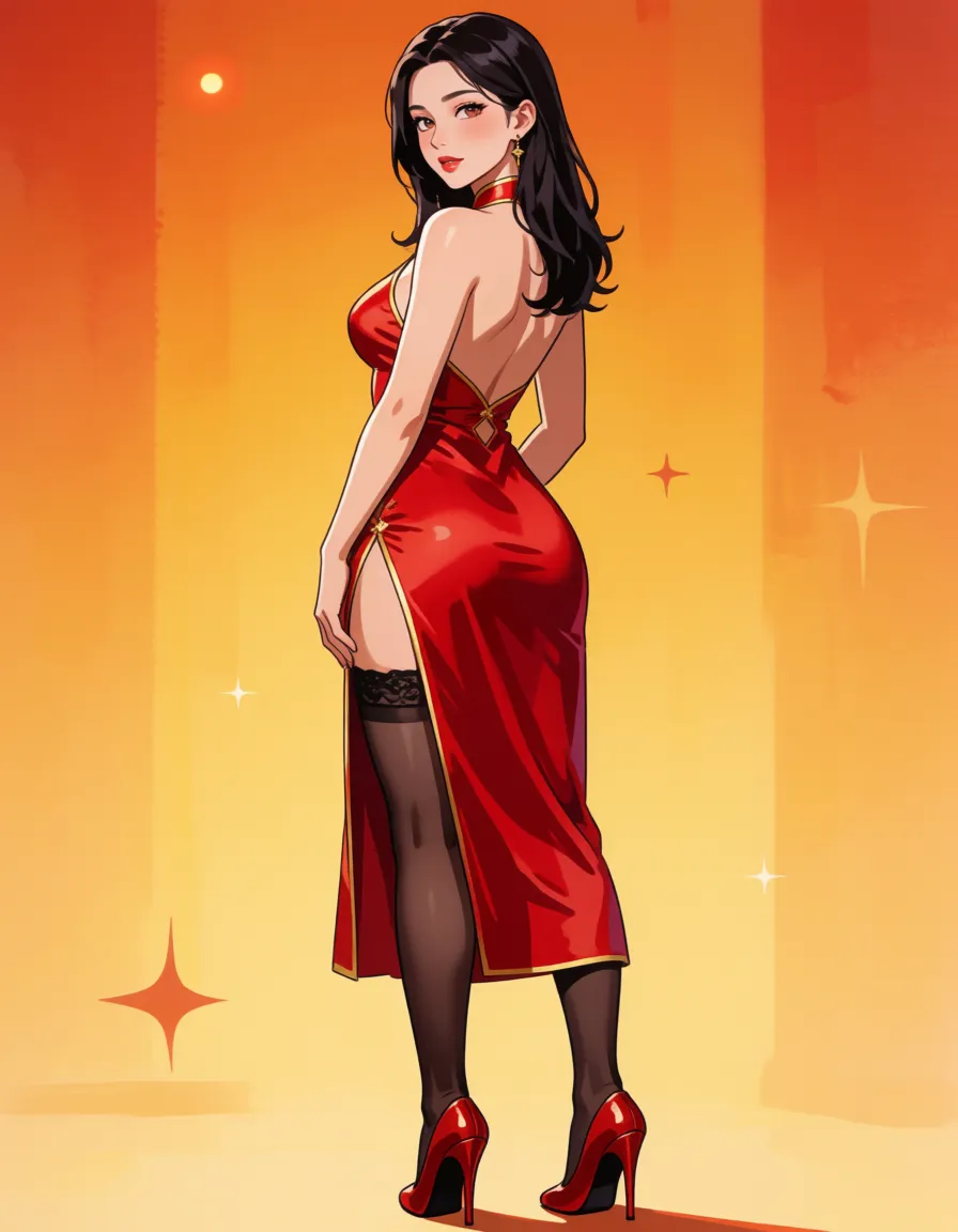 hentai anime art, Milf red silk dress, curvy, stockings, high heels, slit, standing, from from_behind, clean lineart, smooth cel shading, glossy highlights, saturated warm colour, drawn illustration, strikingly beautiful, radiant complexion, early twenties