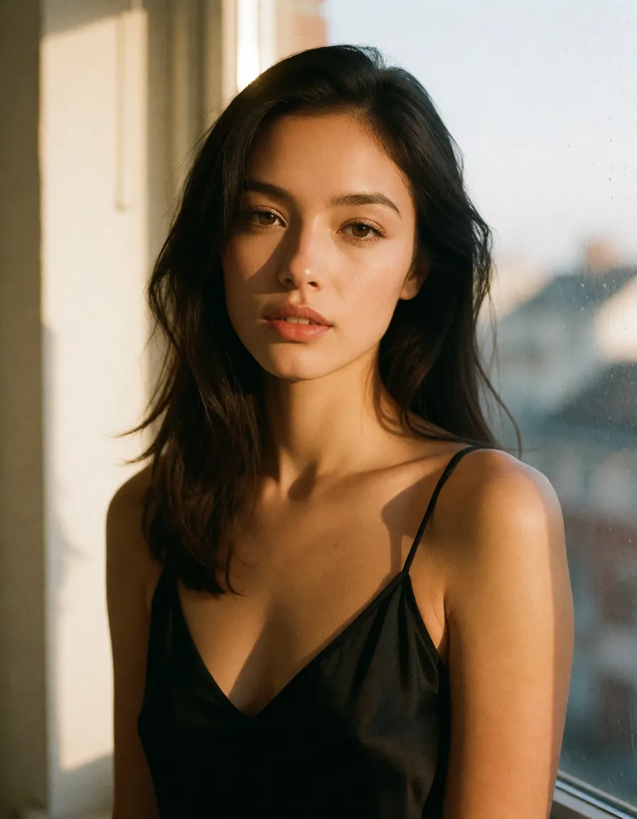 a photograph, a woman with long dark hair in a black silk slip, soft window light, shot on film, warm golden afternoon daylight, soft natural shadows, warm amber tones, gentle contrast, fine film grain, smooth clear skin, strikingly beautiful, radiant complexion, early twenties