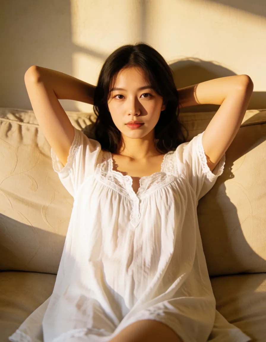 a photograph, Beautiful Korean woman, white night gown, sit on sofa, front angle, spread legs, huge tits, arms behind head,, warm golden afternoon daylight, soft natural shadows, warm amber tones, gentle contrast, fine film grain, smooth clear skin, strikingly beautiful, radiant complexion, early twenties