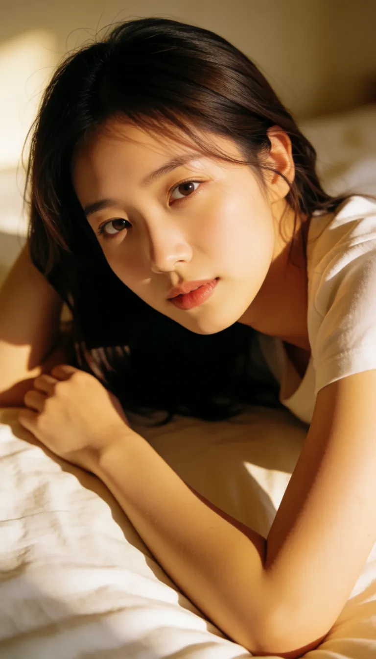 a photograph, Beautiful Korean woman, shirt ripped, lay down on bed, angle from above, spread legs, big tits, fucked, pov, missionary, penis inside pussy,, warm golden afternoon daylight, soft natural shadows, warm amber tones, gentle contrast, fine film grain, smooth clear skin, strikingly beautiful, radiant complexion, early twenties