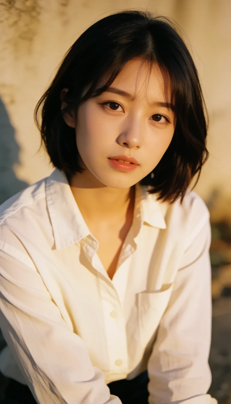 a photograph, Beautiful korean woman, bob hair, naked_shirt, big tits, spread_legs, pov, missionary, penis entered pussy, angle from above, on_back, on cell floor,, warm golden afternoon daylight, soft natural shadows, warm amber tones, gentle contrast, fine film grain, smooth clear skin, strikingly beautiful, radiant complexion, early twenties