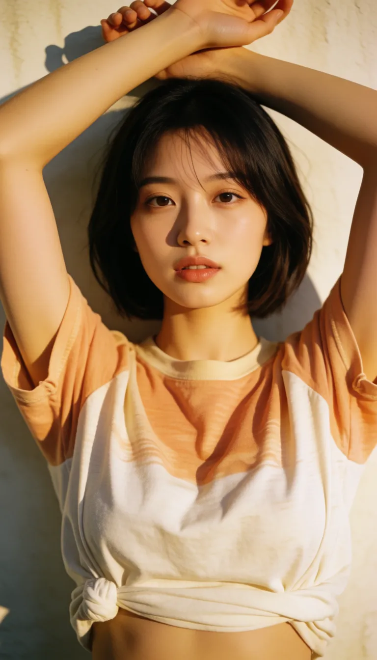 a photograph, Porn, Beautiful korean woman, bob hair, t-shirt rolled ober tits, big tits, spread_legs, arms up, pov, missionary, penis entered pussy, angle from above, on_back, on cell floor,, warm golden afternoon daylight, soft natural shadows, warm amber tones, gentle contrast, fine film grain, smooth clear skin, strikingly beautiful, radiant complexion, early twenties