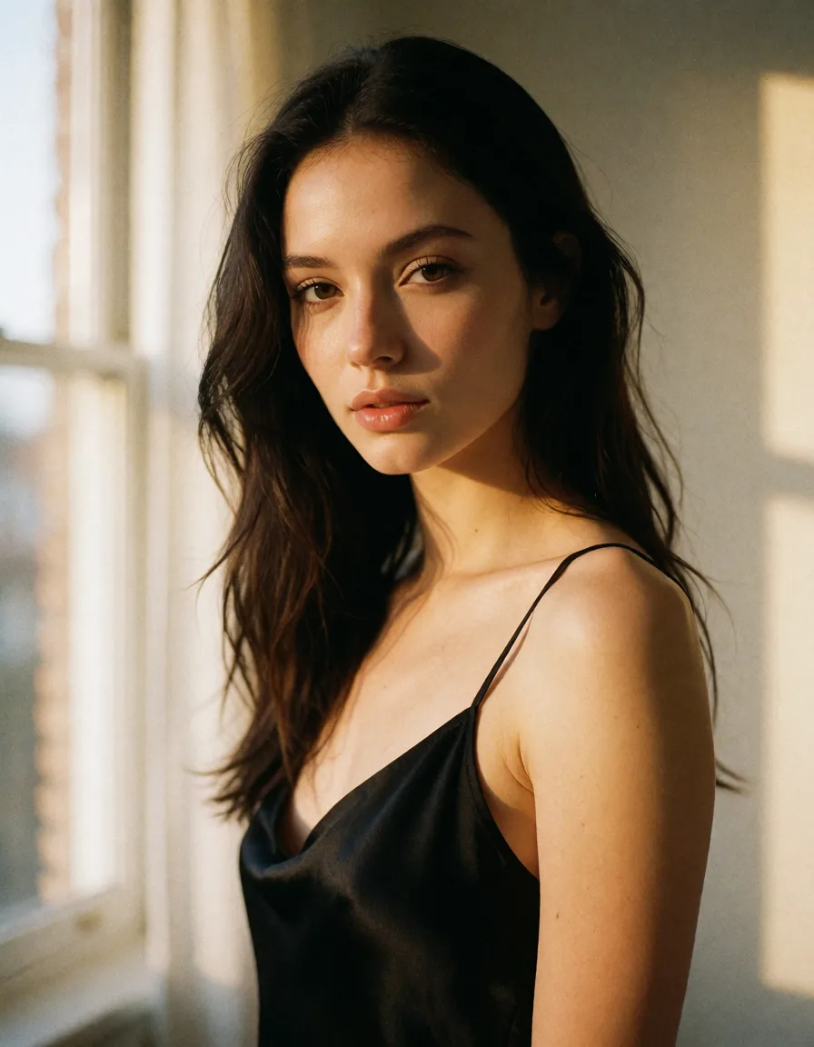 a photograph, a woman with long dark hair in a black silk slip, soft window light, shot on film_grain, warm golden afternoon daylight, soft natural shadows, warm amber tones, gentle contrast, fine film grain, smooth clear skin, strikingly beautiful, radiant complexion, early twenties
