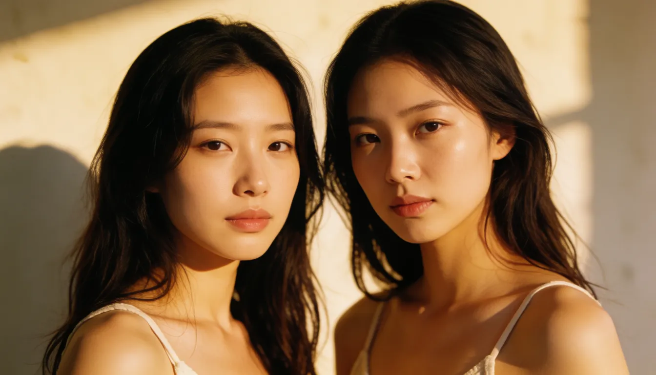 a photograph, 2 korean lesbians naked touching eachothers pussies, warm golden afternoon daylight, soft natural shadows, warm amber tones, gentle contrast, fine film grain, smooth clear skin, strikingly beautiful, radiant complexion, early twenties