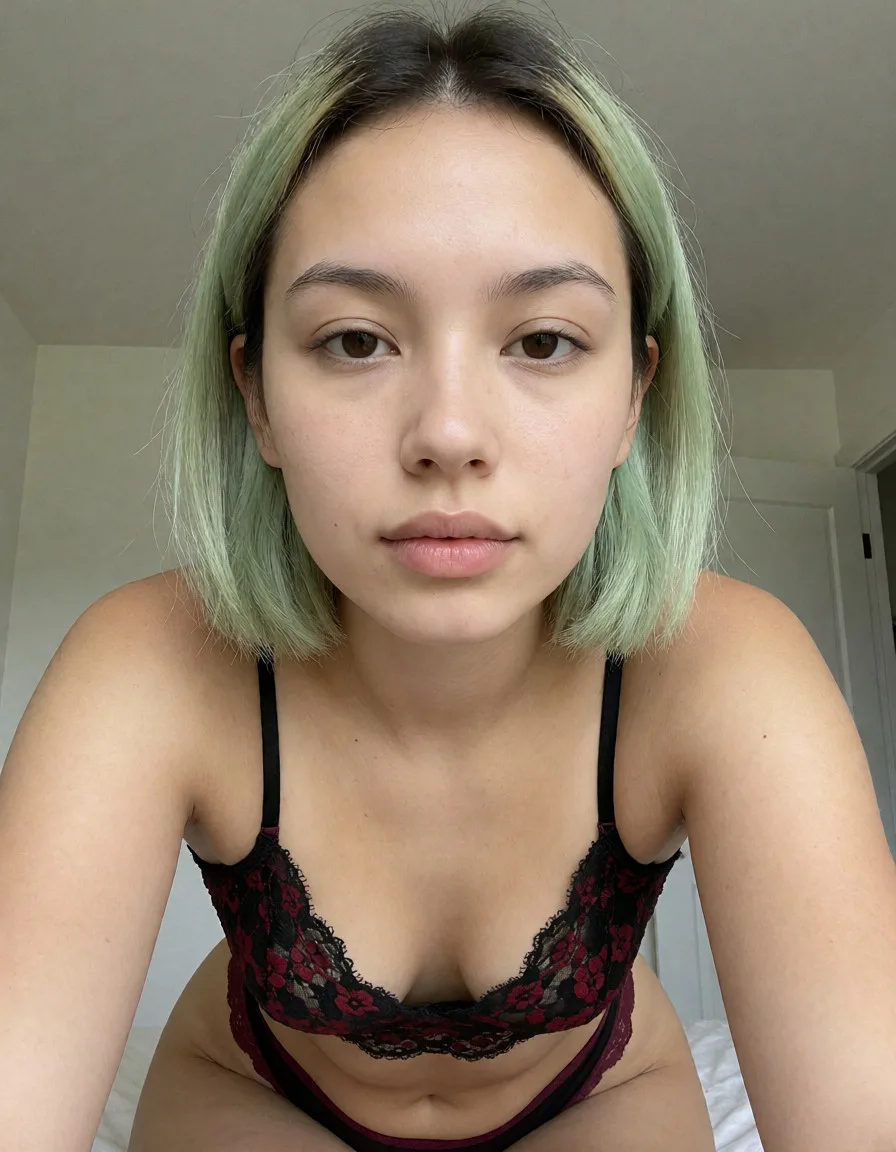 an amateur snapshot,.recreate this exact face: oval, moderate width-to-length, high forehead, balanced proportions; almond shape, dark brown, wide spacing, double eyelids, natural lashes; medium thickness, soft arch, dark brown, natural spacing; straight bridge, rounded tip, symmetrical nostrils, medium base width; full lower lip, moderate upper lip, defined cupid's bow, neutral corners, closed; fair tone, neutral undertone, smooth texture, minimal pores, matte finish; soft cheekbones, rounded jawline, subtle chin projection; 18-25, skin, no visible lines or folds; dyed pale green ends, dark brown roots, chin-length bob, straight texture, center parting; neutral expression, natural face, no glasses. Preserve every facial detail above exactly; do not beautify, slim, symmetrize, or age-shift the face.
body type: curvy, soft midsection, average, wide hips, defined waist, soft torso, low definition, wearing lace bralette, black and red floral pattern, thin spaghetti straps, scalloped hem, low-rise panties, dark burgundy, high-cut leg, black, deep red, burgundy, floral lace, elastic synthetic, tight, form-fitting, exposed midriff, soft lighting. Keep the exact body type; do not restyle, recolor, or change garment fit.; Shes getting fucked doggystyle pov. Hyper realism, plenty of natural daylight, flat even light, casual unposed snapshot, natural everyday colour, mild noise, natural unretouched skin, strikingly beautiful, radiant complexion, early twenties
