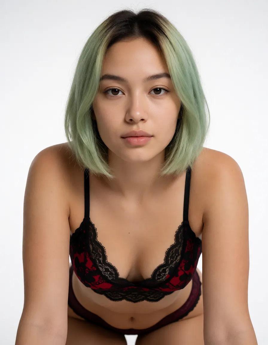 a studio photograph,.recreate this exact face: oval, moderate width-to-length, high forehead, balanced proportions; almond shape, dark brown, wide spacing, double eyelids, natural lashes; medium thickness, soft arch, dark brown, natural spacing; straight bridge, rounded tip, symmetrical nostrils, medium base width; full lower lip, moderate upper lip, defined cupid's bow, neutral corners, closed; fair tone, neutral undertone, smooth texture, minimal pores, matte finish; soft cheekbones, rounded jawline, subtle chin projection; 18-25, skin, no visible lines or folds; dyed pale green ends, dark brown roots, chin-length bob, straight texture, center parting; neutral expression, natural face, no glasses. Preserve every facial detail above exactly; do not beautify, slim, symmetrize, or age-shift the face.
body type: curvy, soft midsection, average, wide hips, defined waist, soft torso, low definition, wearing lace bralette, black and red floral pattern, thin spaghetti straps, scalloped hem, low-rise panties, dark burgundy, high-cut leg, black, deep red, burgundy, floral lace, elastic synthetic, tight, form-fitting, exposed midriff, soft lighting. Keep the exact body type; do not restyle, recolor, or change garment fit.; Shes crawling and the camera is behind her. From behind. True behind view., even shadowless studio light, plain white background, clean rich colour, flawless polished skin, strikingly beautiful, radiant complexion, early twenties
