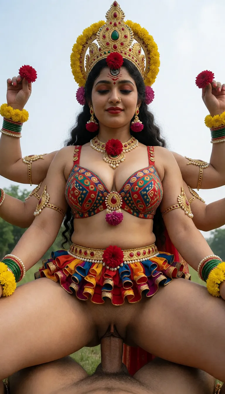 an amateur snapshot, Maa Durga with multiple arms, Beautiful, ethnicity Hindu, Bengali, red lipstick, Accurate Anatomy, symmetrical body structure, Big chest, Thick thighs and arms, thick pelvis, tight fitting bra with intricate patterns and baggy mini skirt with curls and frills, skirt_lift , Adorned Heavily in Indian Ornaments, black eyes, POV Sex, Symmetrical Tight Straddling Position, Having sex with viewer, vaginal sex, big all around Mukut Crown, devine radiance, Calm and Graceful Expression, confident smile with hooded eyes, flowers around in Symmetrical order, holding flowers, floral necklace,, plenty of natural daylight, flat even light, casual unposed snapshot, natural everyday colour, mild noise, natural unretouched skin, strikingly beautiful, radiant complexion, early twenties
