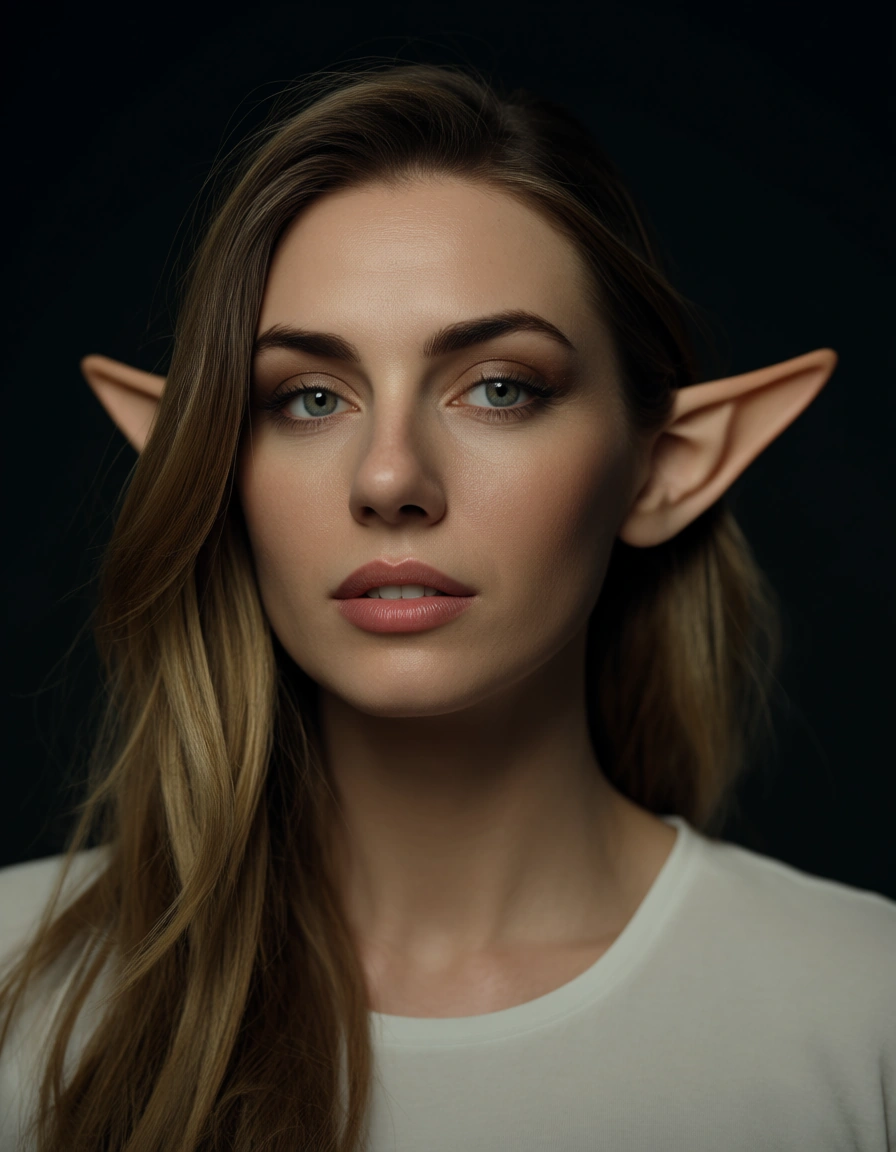 sharp focus, 8k uhd, elf woman, shirt, facesitting, spotlight, studio photo, score_9, score_8, candid photo, realistic skin texture, visible skin pores, film grain, depth of field