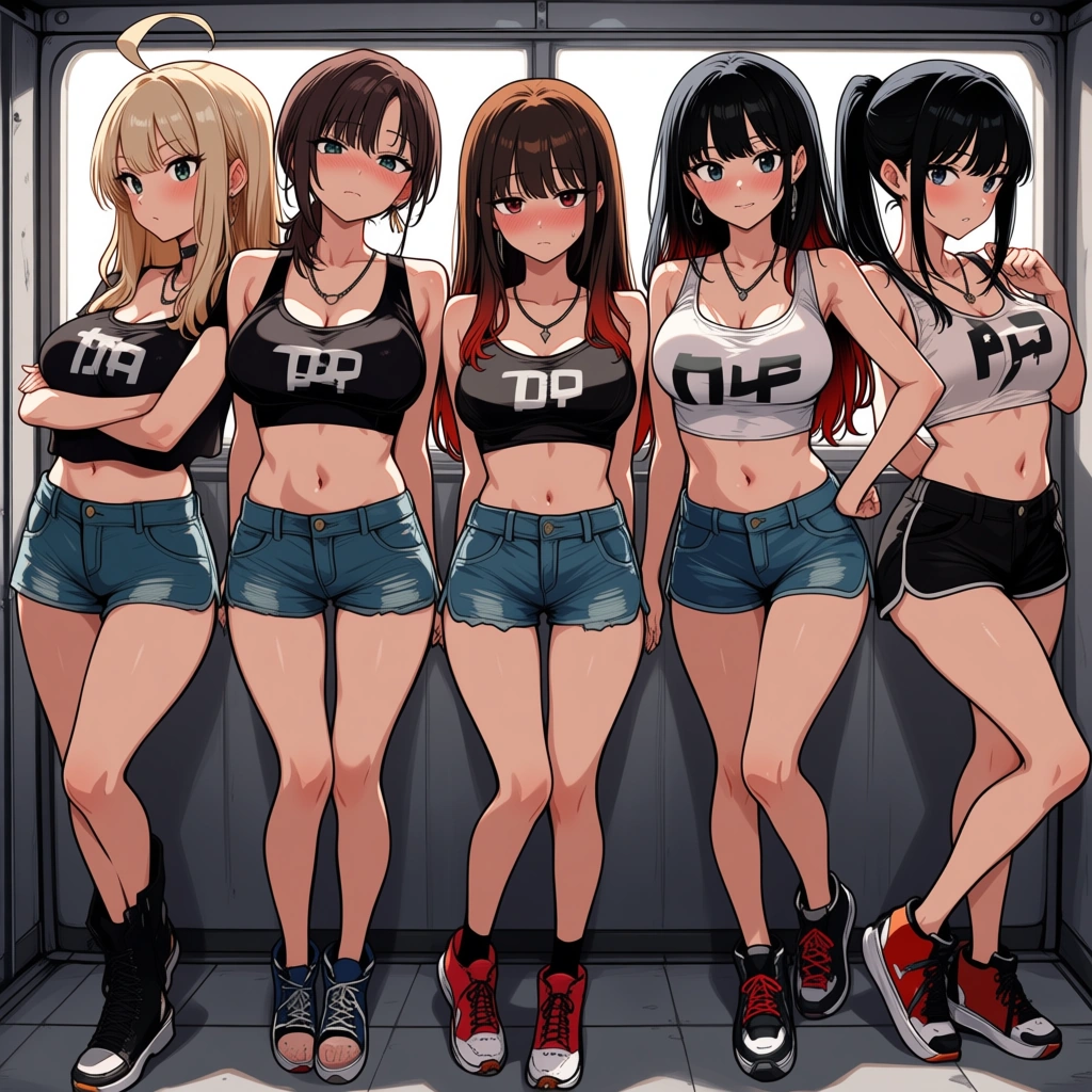 masterpiece, clean art, 5girls, shorts, creampie, submissive blush, hentai style, hentai_studio_quality