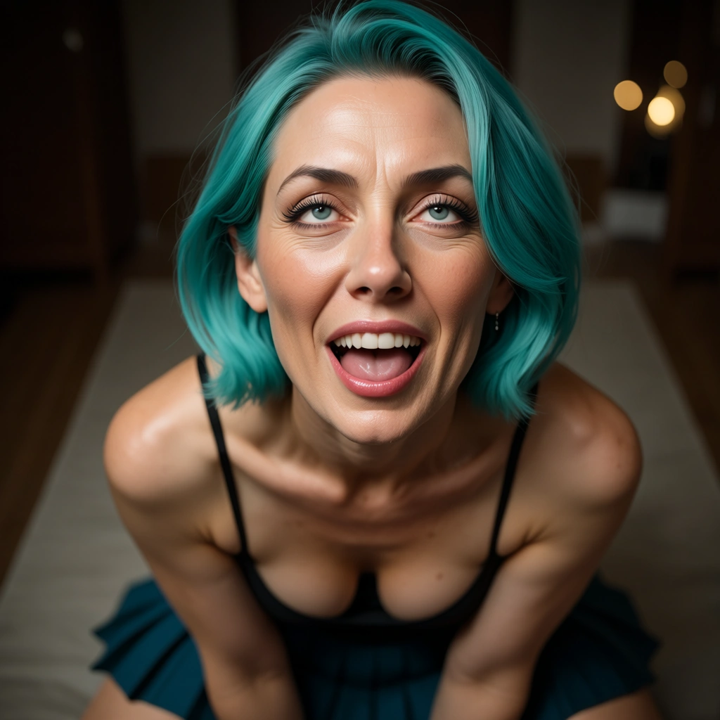 ultra HD, lifelike, mature female, aqua hair, pleated skirt, ahegao, RAW photo