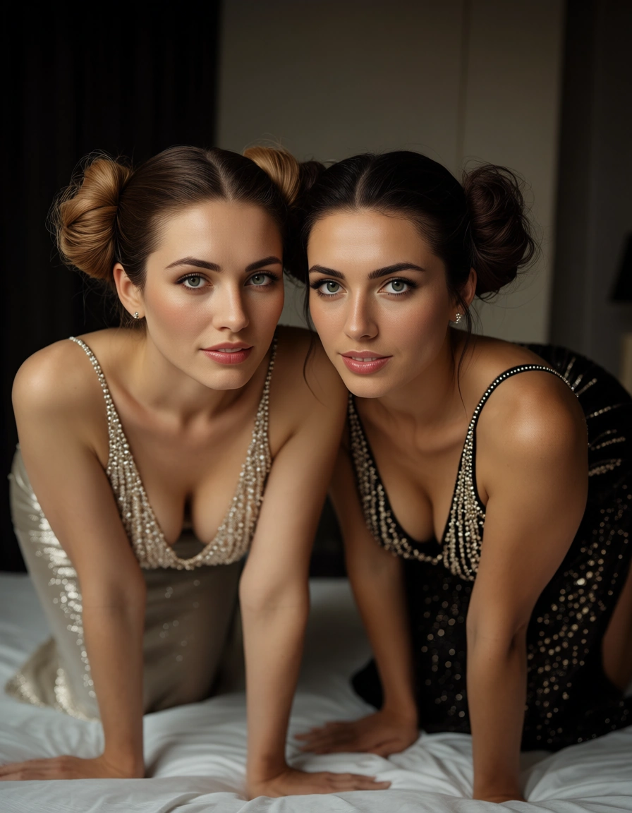 RAW photo, ultra realistic, couple, double bun, evening gown, on all fours, natural skin texture, score_9, score_8, candid photo, realistic skin texture, visible skin pores, film grain, depth of field
