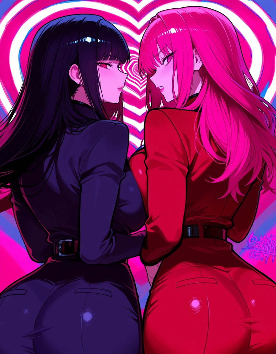masterpiece, best quality, 2girls, heart, facesitting, intense passion, over the shoulder, doujin style, hentai_studio_quality