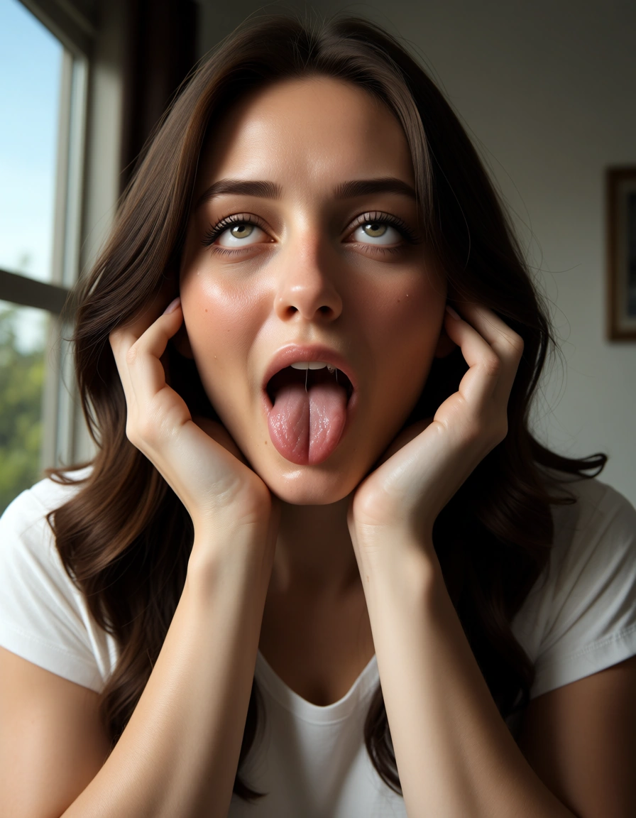 highly detailed, natural lighting, cute woman hands up, white shirt, ahegao, blue sky, window light, cinematic realism, score_9, score_8, candid photo, realistic skin texture, visible skin pores, film grain, depth of field