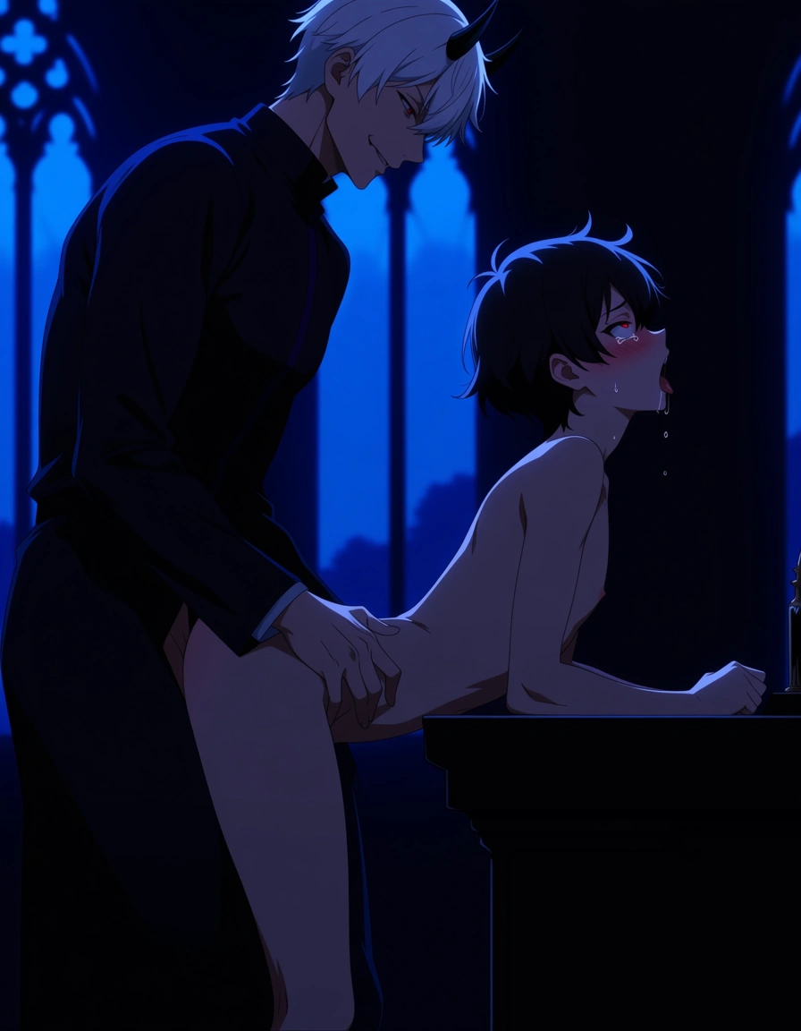 hentai_studio_quality, (anime style:1.3), 2d, anime screencap, cel shading, flat color yaoi, age_difference, size_difference. side from_side
shorter, younger man, short_hair, black_hair, black eyes, tears, naked, blushing, ahegao, sex_from_behind, leaning on altar, male_penetrated by tall, handsome man with white_hair, red_eyes, demon_horns, evil_smile, dressed like a priest BREAK inside church, night, hentai_studio_quality, hentai_studio_quality, hentai_studio_quality
