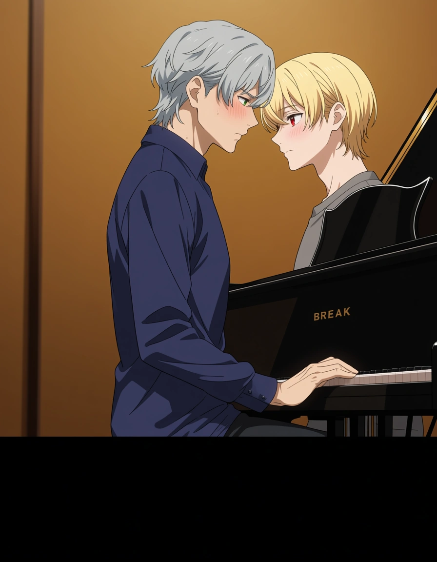 hentai_studio_quality, (anime style:1.3), 2d, anime screencap, cel shading, flat color. yaoi, age_difference, older man, hair_slicked_back, grey_hair, red_eyes, blush, imminent_kiss, younger man, blonde_hair, green_eyes, blush, casual, sitting at grand piano BREAK music room, hentai_studio_quality