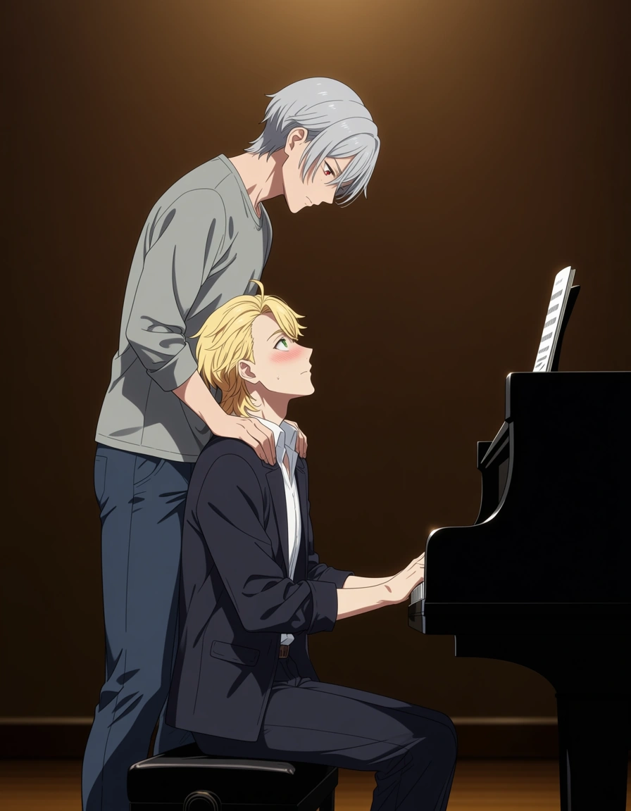 hentai_studio_quality, (anime style:1.3), 2d, anime screencap, cel shading, flat color. yaoi, older man, hair_slicked_back, grey_hair, red_eyes, blush, standing, leaning down, younger man, blonde_hair, green_eyes, blush, dressed casual, sitting at grand piano, looking up, imminent_kiss BREAK music room, hentai_studio_quality, hentai_studio_quality, hentai_studio_quality