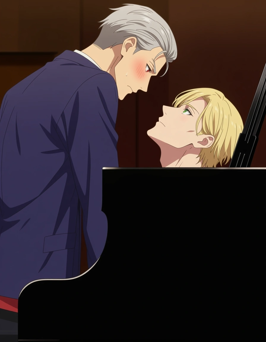 hentai_studio_quality, (anime style:1.3), 2d, anime screencap, cel shading, flat color. yaoi, older man, hair_slicked_back, grey_hair, red_eyes, blush, standing, leaning down, younger man, blonde_hair, green_eyes, blush, dressed casual, sitting at grand piano, looking up, imminent_kiss BREAK music room, hentai_studio_quality, hentai_studio_quality, hentai_studio_quality, hentai_studio_quality