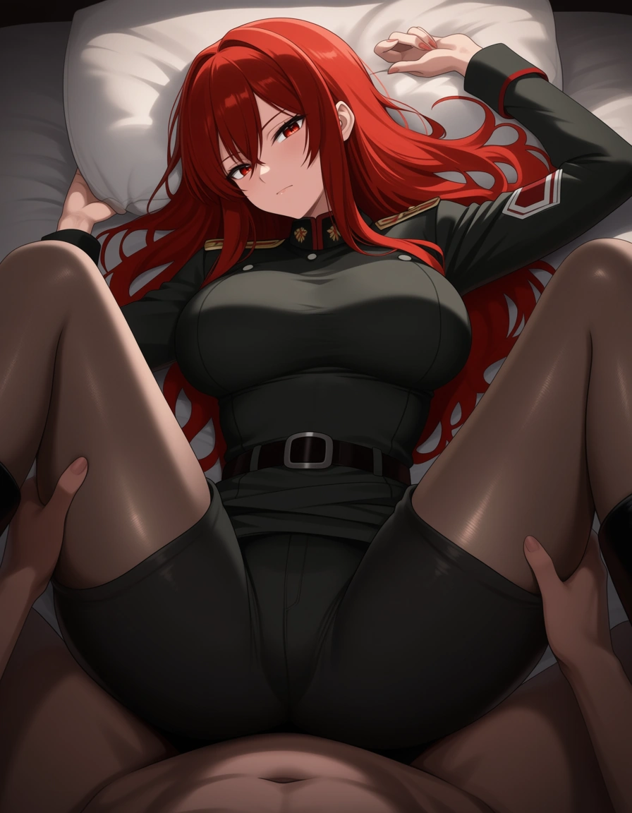 masterpiece, best quality, redhead woman, missionary, legs, sidelocks, military, soft cel shading, hentai_studio_quality