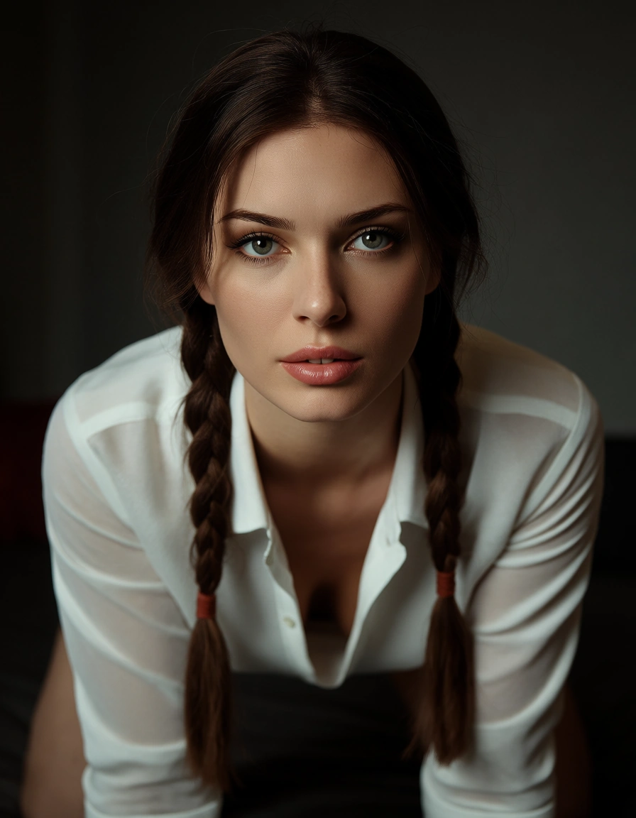 8k, sharp focus, detailed skin, solo, twin braids, collared shirt, on all fours, volumetric light, photorealistic, score_9, score_8, candid photo, realistic skin texture, visible skin pores, film grain, depth of field