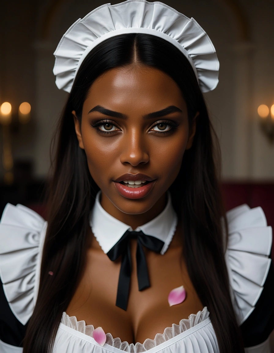 highly detailed, natural lighting, maid, futanari, dark-skinned female, petals, lustful eyes, studio photo, score_9, score_8, candid photo, realistic skin texture, visible skin pores, film grain, depth of field